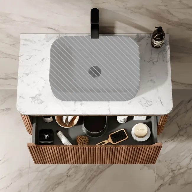 Sorrento Fluted Black Walnut Wall Hung Drawer Vanity with Marble Top 800mm - Excludes Counter Top Basin