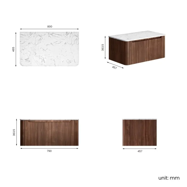Sorrento Fluted Black Walnut Wall Hung Drawer Vanity with Marble Top 800mm - Excludes Counter Top Basin