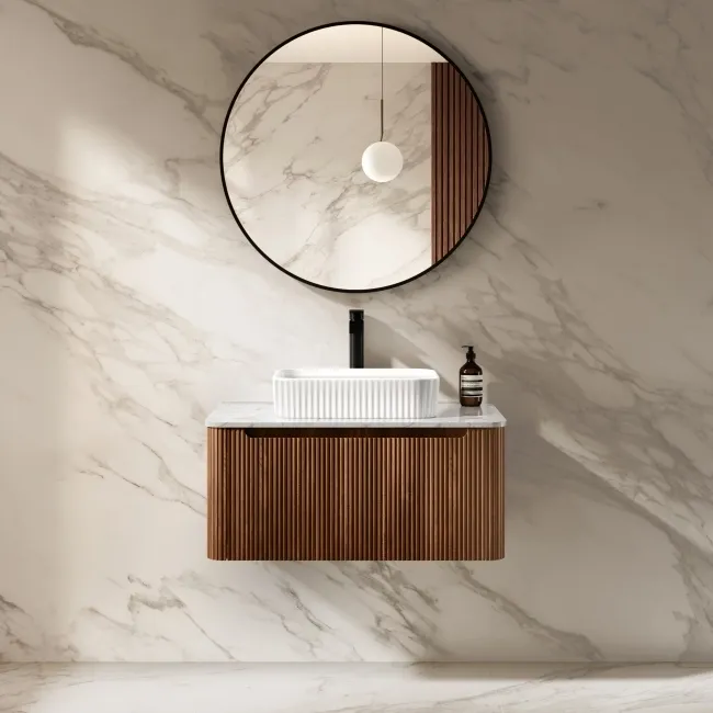 Sorrento Fluted Black Walnut Wall Hung Drawer Vanity with Marble Top & Reno Basin 800mm