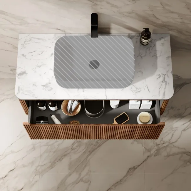 Sorrento Fluted Black Walnut Wall Hung Drawer Vanity with Marble Top 1000mm - Excludes Counter Top Basin