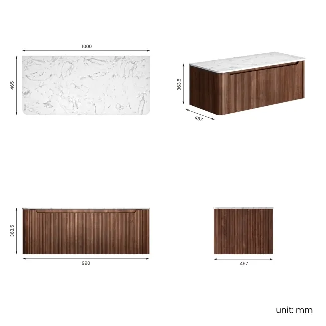 Sorrento Fluted Black Walnut Wall Hung Drawer Vanity with Marble Top 1000mm - Excludes Counter Top Basin