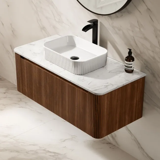 Sorrento Fluted Black Walnut Wall Hung Drawer Vanity with Marble Top & Reno Basin 1000mm