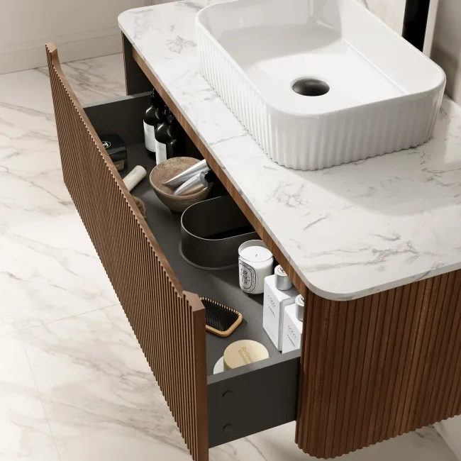Sorrento Fluted Black Walnut Wall Hung Drawer Vanity with Marble Top & Reno Basin 1000mm