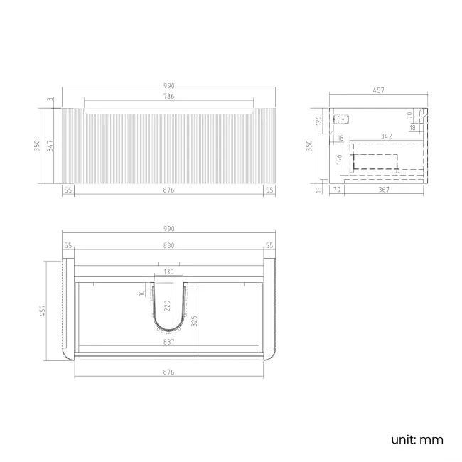 Sorrento Fluted Black Walnut Wall Hung Drawer Vanity with Marble Top & Reno Basin 1000mm