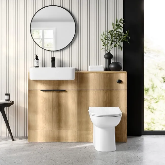 Sicily Fluted Country Oak Vanity with Semi Recessed Basin 600mm - Black Accents