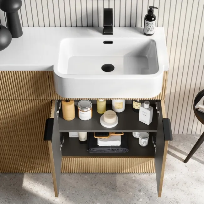 Sicily Fluted Country Oak Combination Vanity Basin and Houston Toilet 1200mm - Black Accents - Right Handed