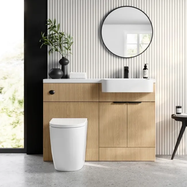 Sicily Fluted Country Oak Combination Vanity Basin and Utah Comfort Height Toilet 1200mm - Black Accents - Right Handed