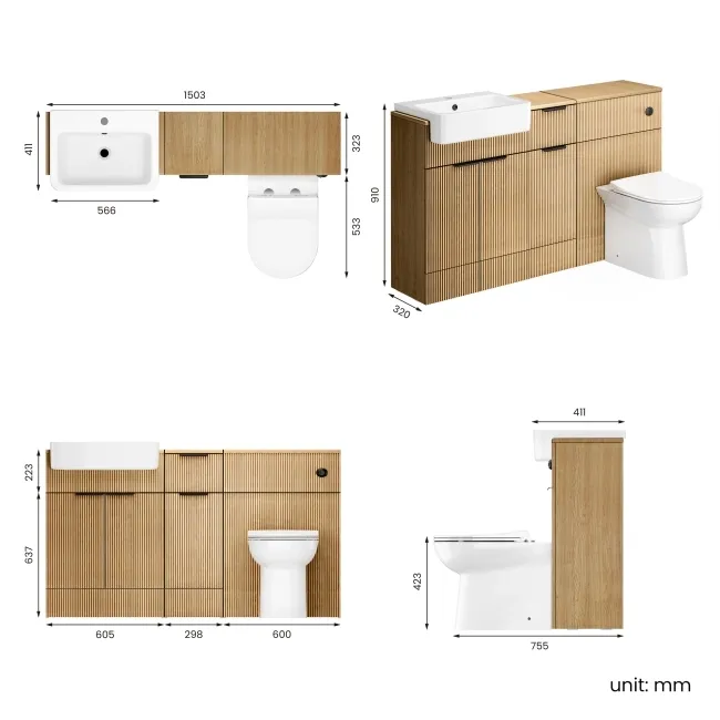 Sicily Fluted Country Oak Combination Vanity Basin and Aruba Toilet 1500mm - Black Accents