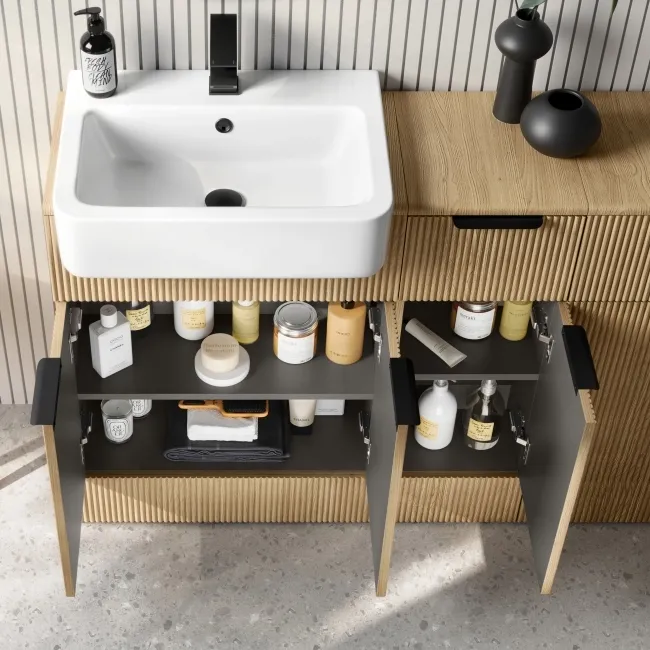Sicily Fluted Country Oak Combination Vanity Basin and Miami Toilet 1500mm - Black Accents