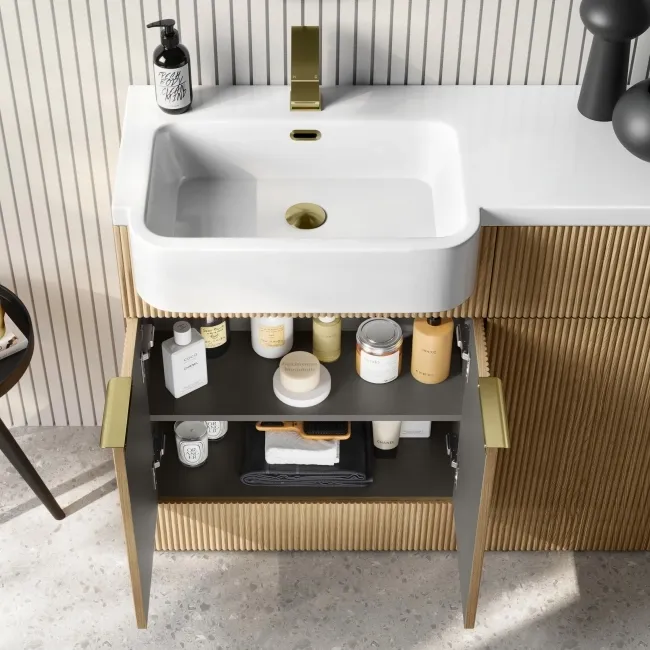 Sicily Fluted Country Oak Combination Vanity Basin and Utah Comfort Height Toilet 1200mm - Brushed Brass Accents - Left Handed