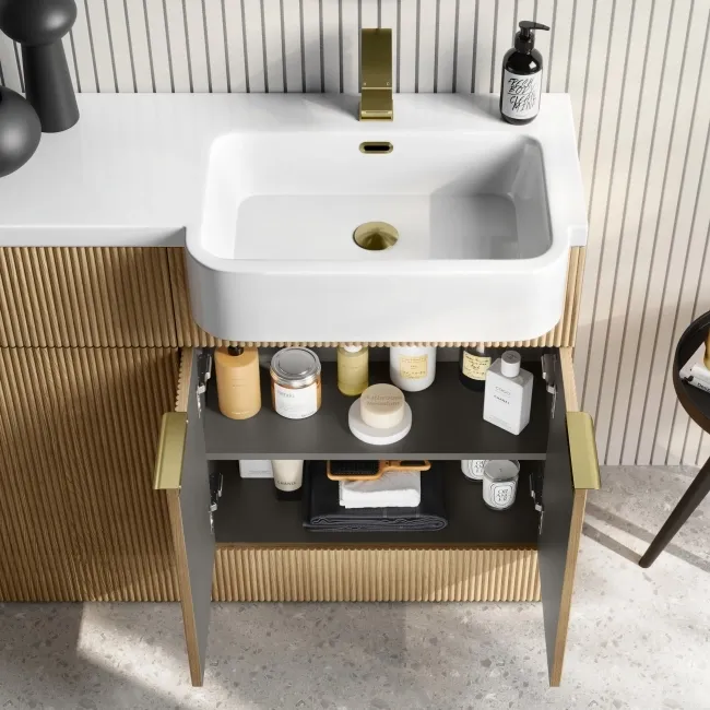 Sicily Fluted Country Oak Combination Vanity Basin and Utah Comfort Height Toilet 1200mm - Brushed Brass Accents - Right Handed