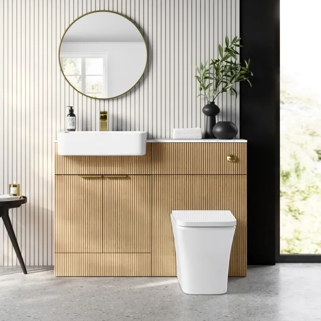 Sicily Fluted Country Oak Combination Vanity Basin with Marble Top & Houston Toilet 1200mm - Brushed Brass Accents