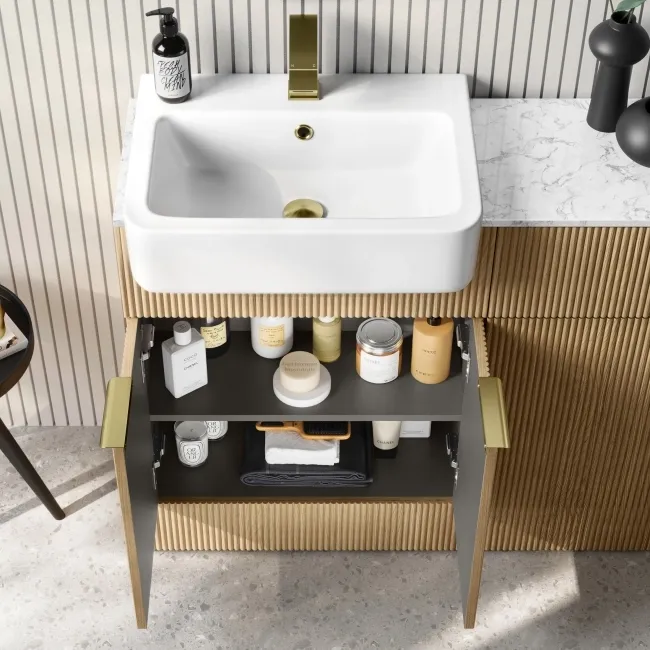 Sicily Fluted Country Oak Combination Vanity Basin with Marble Top & Utah Comfort Height Toilet 1200mm - Brushed Brass Accents