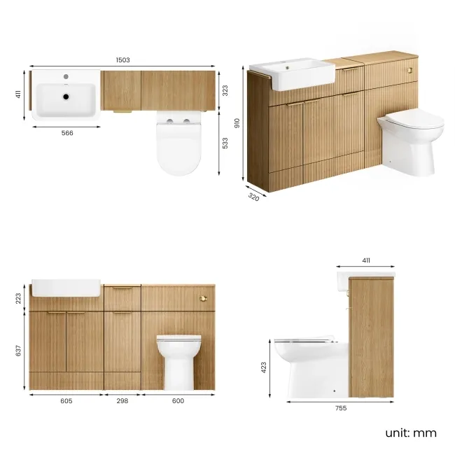 Sicily Fluted Country Oak Combination Vanity Basin and Aruba Toilet 1500mm - Brushed Brass Accents