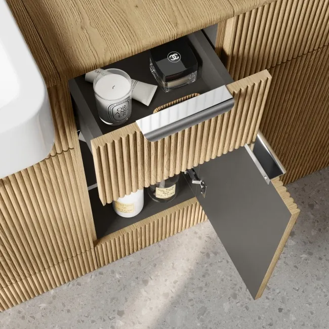 Sicily Fluted Country Oak Side Cabinet Unit 300mm - Chrome Handles