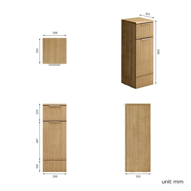 Sicily Fluted Country Oak Side Cabinet Unit 300mm - Chrome Handles