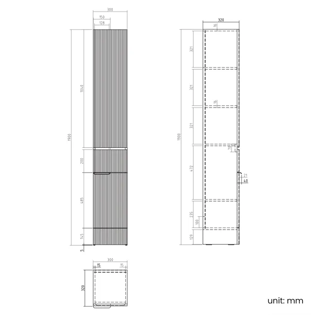 Sicily Fluted Country Oak Floor Standing Tall Cabinet Unit 1900x300mm - Chrome Handles