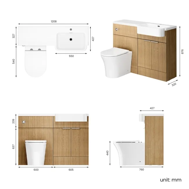 Sicily Fluted Country Oak Combination Vanity Basin and Tucson Toilet 1200mm - Chrome Handles - Right Handed