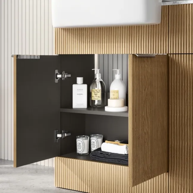Sicily Fluted Country Oak Basin Vanity with Marble Top & Back To Wall Unit 1200mm (Excludes Toilet) - Chrome Handles