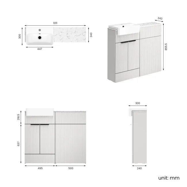 Sicily Fluted Coastal White Basin Vanity with Marble Top & Back To Wall Unit 1000mm (Excludes Toilet) - Black Accents