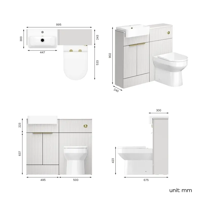 Sicily Fluted Coastal White Combination Vanity Basin and Miami Toilet 1000mm - Brushed Brass Accents