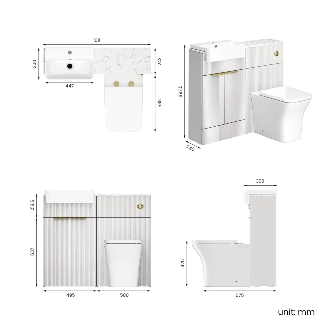 Sicily Fluted Coastal White Combination Vanity Basin with Marble Top & Houston Toilet 1000mm - Brushed Brass Accents