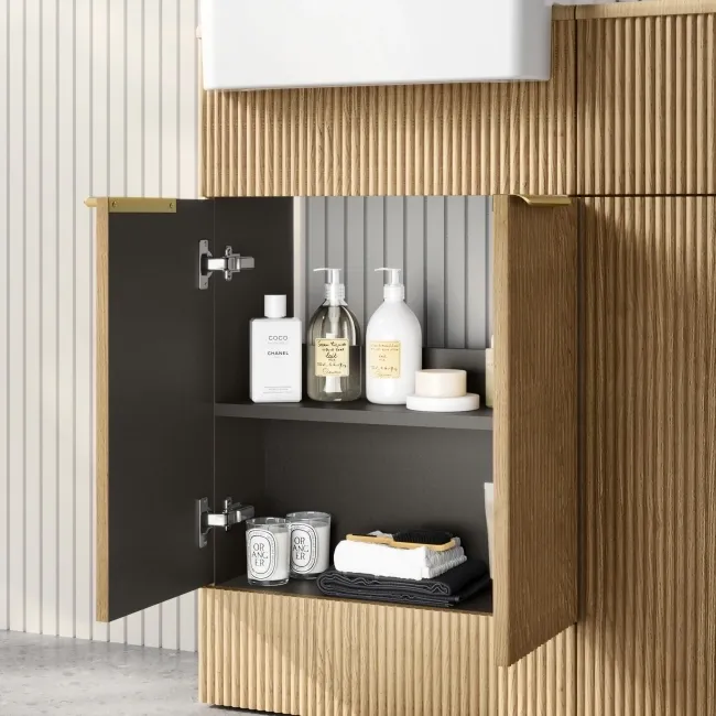 Sicily Fluted Country Oak Vanity and Back To Wall Toilet Unit 1000mm (Excludes Toilet) - Brushed Brass Accents