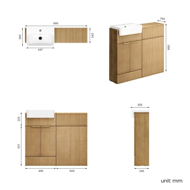 Sicily Fluted Country Oak Vanity and Back To Wall Toilet Unit 1000mm (Excludes Toilet) - Brushed Brass Accents