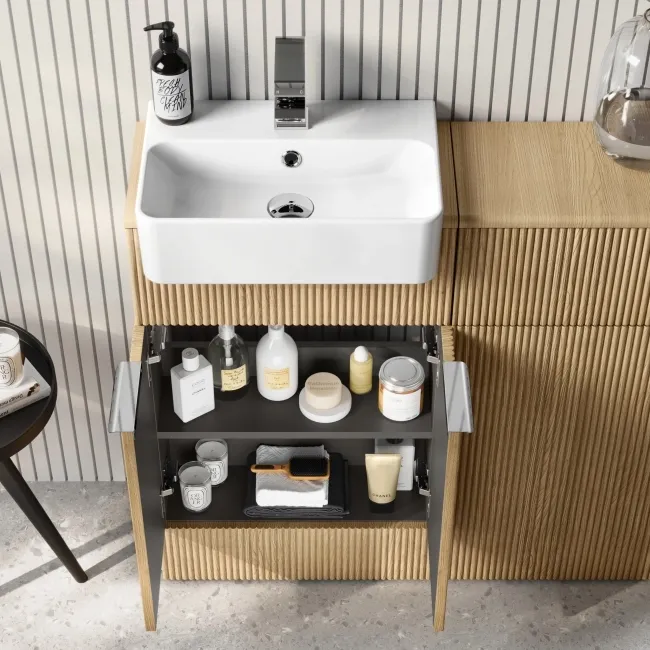 Sicily Fluted Country Oak Vanity and Back To Wall Toilet Unit 1000mm (Excludes Toilet) - Chrome Handles