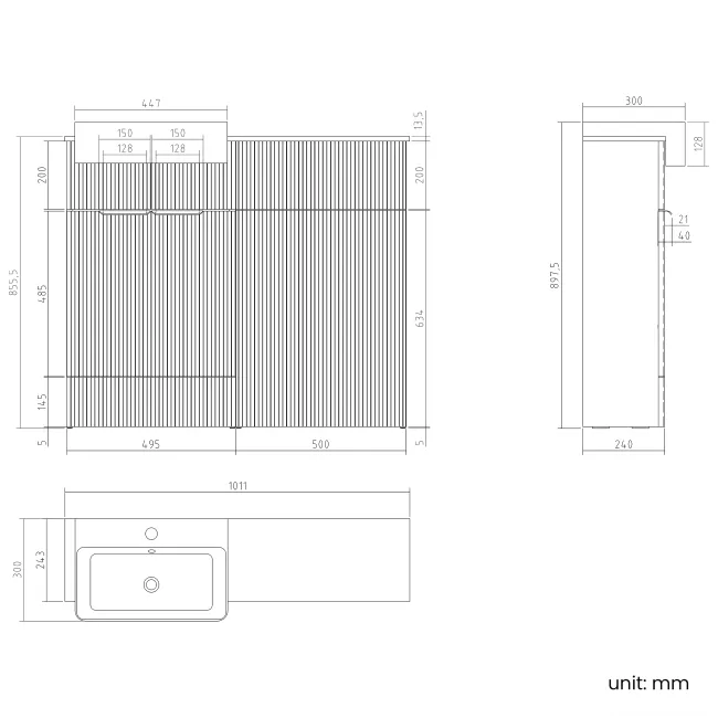 Sicily Fluted Country Oak Basin Vanity with Marble Top & Back To Wall Unit 1000mm (Excludes Toilet) - Chrome Handles