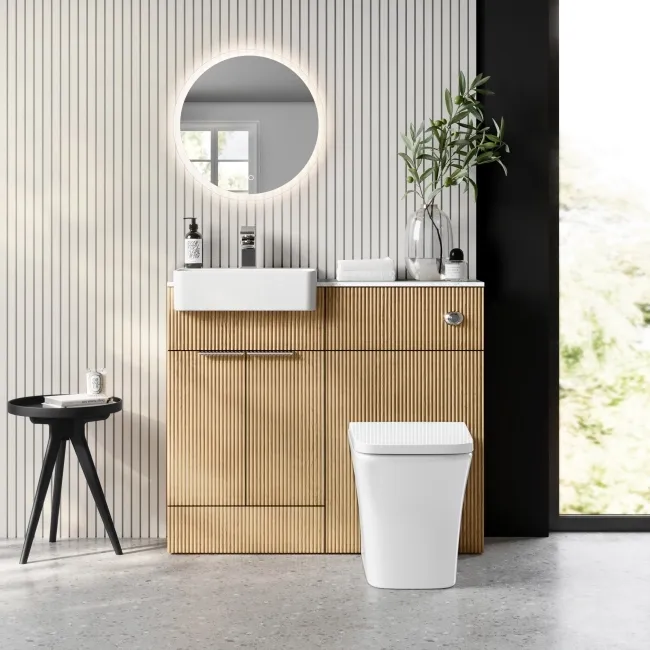 Sicily Fluted Country Oak Combination Vanity Basin with Marble Top & Houston Toilet 1000mm - Chrome Handles
