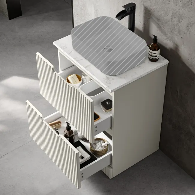 Crete Fluted Linen White Vanity Drawer with Marble Top 600mm - Excludes Counter Top Basin