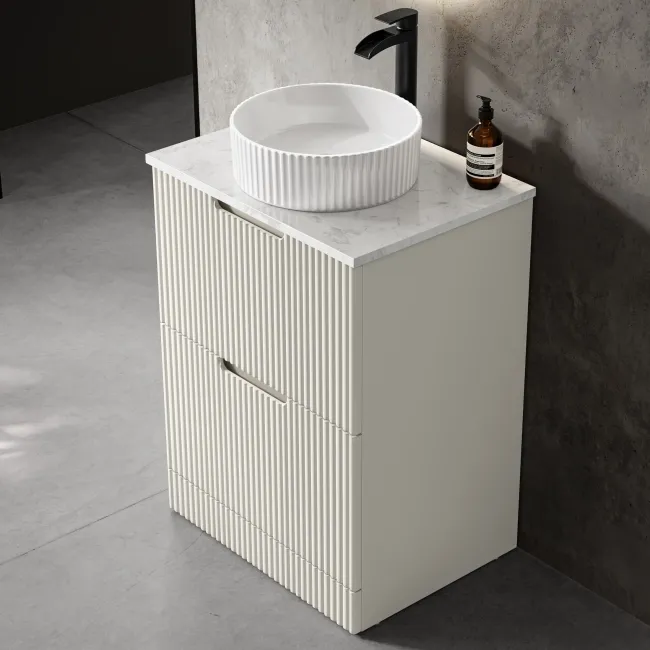 Crete Fluted Linen White Vanity Drawer with Marble Top & Nevis Basin 600mm
