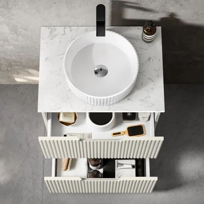 Crete Fluted Linen White Vanity Drawer with Marble Top & Nevis Basin 600mm