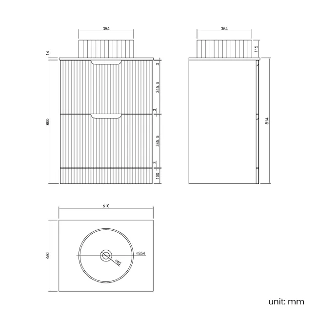 Crete Fluted Linen White Vanity Drawer with Marble Top & Nevis Basin 600mm