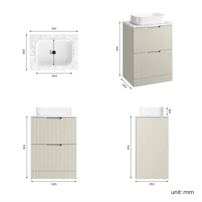 Crete Fluted Linen White Vanity Drawer with Marble Top & Marin Basin 600mm