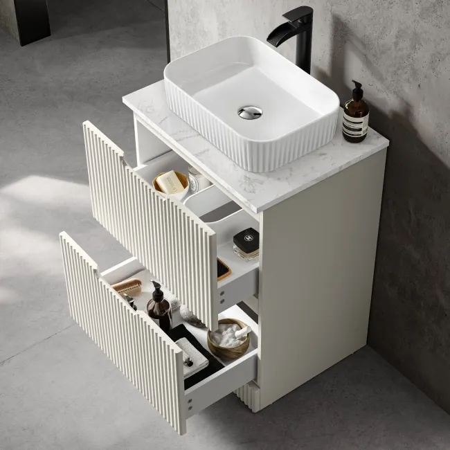 Crete Fluted Linen White Vanity Drawer with Marble Top & Reno Basin 600mm