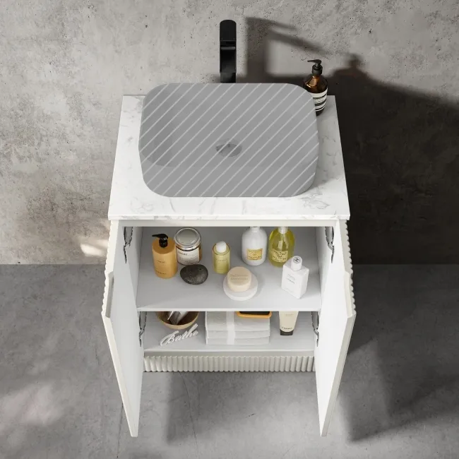 Crete Fluted Linen White Vanity with Marble Top 600mm - Excludes Counter Top Basin