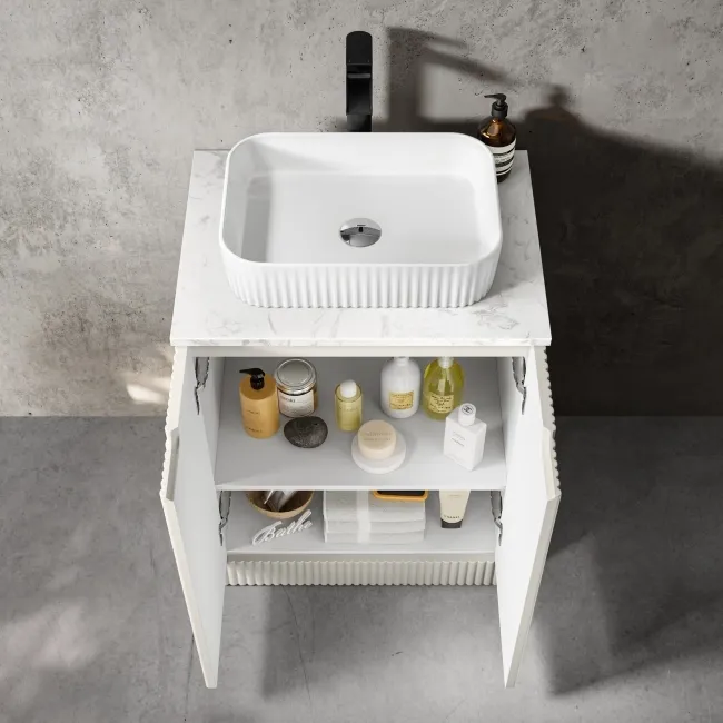 Crete Fluted Linen White Vanity with Marble Top & Reno Basin 600mm
