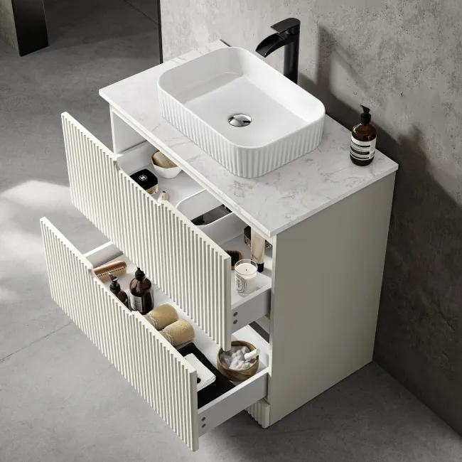 Crete Fluted Linen White Vanity Drawer with Marble Top & Reno Basin 800mm