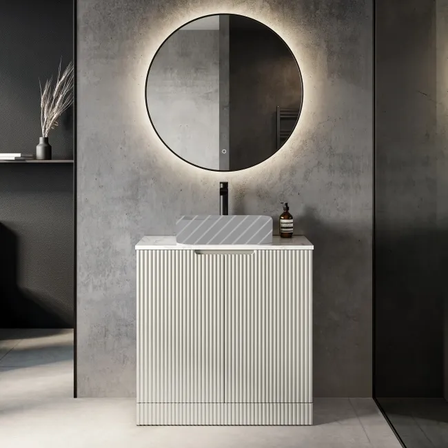 Crete Fluted Linen White Vanity with Marble Top 800mm - Excludes Counter Top Basin