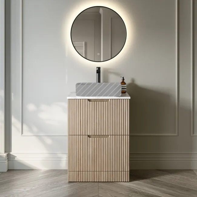 Crete Fluted Apex Oak Vanity Drawer with Marble Top 600mm - Excludes Counter Top Basin