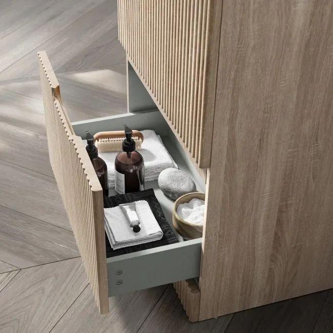 Crete Fluted Apex Oak Vanity Drawer with Marble Top & Marin Basin 600mm