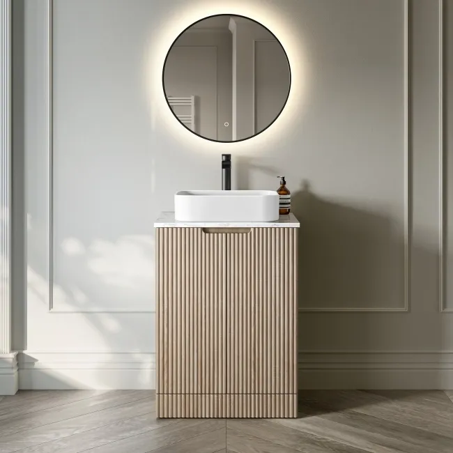 Crete Fluted Apex Oak Vanity with Marble Top & Marin Basin 600mm