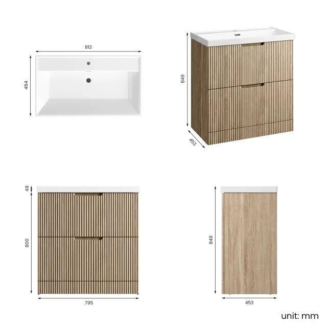 Crete Fluted Apex Oak Basin Vanity Drawer 800mm