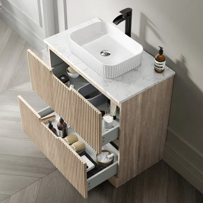 Crete Fluted Apex Oak Vanity Drawer with Marble Top & Reno Basin 800mm