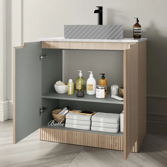 Crete Fluted Apex Oak Vanity with Marble Top 800mm - Excludes Counter Top Basin