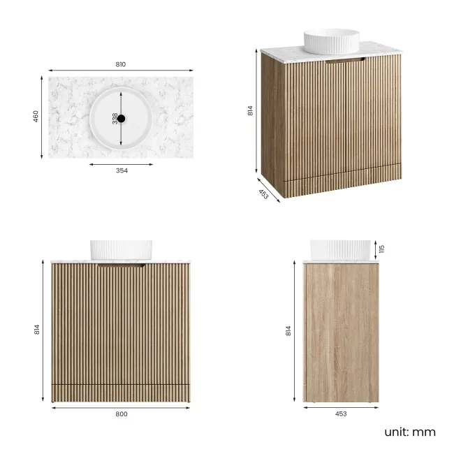 Crete Fluted Apex Oak Vanity with Marble Top & Nevis Basin 800mm