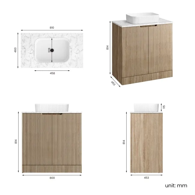 Crete Fluted Apex Oak Vanity with Marble Top & Reno Basin 800mm