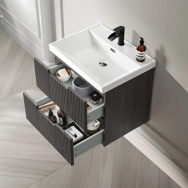 Crete Fluted Charcoal Elm Wall Hung Basin Drawer Vanity 600mm